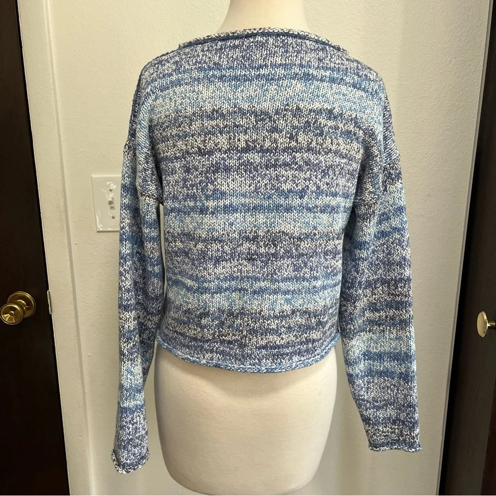 Margaret O’Leary Blue White Space Dye Cropped Rolled Collar Sweater Womens XS